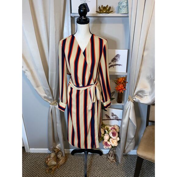 NWT $59.95 NY&C New York & Co Large Long Sleeve Nude Navy Blue Stripe Wrap Dress - Picture 2 of 12